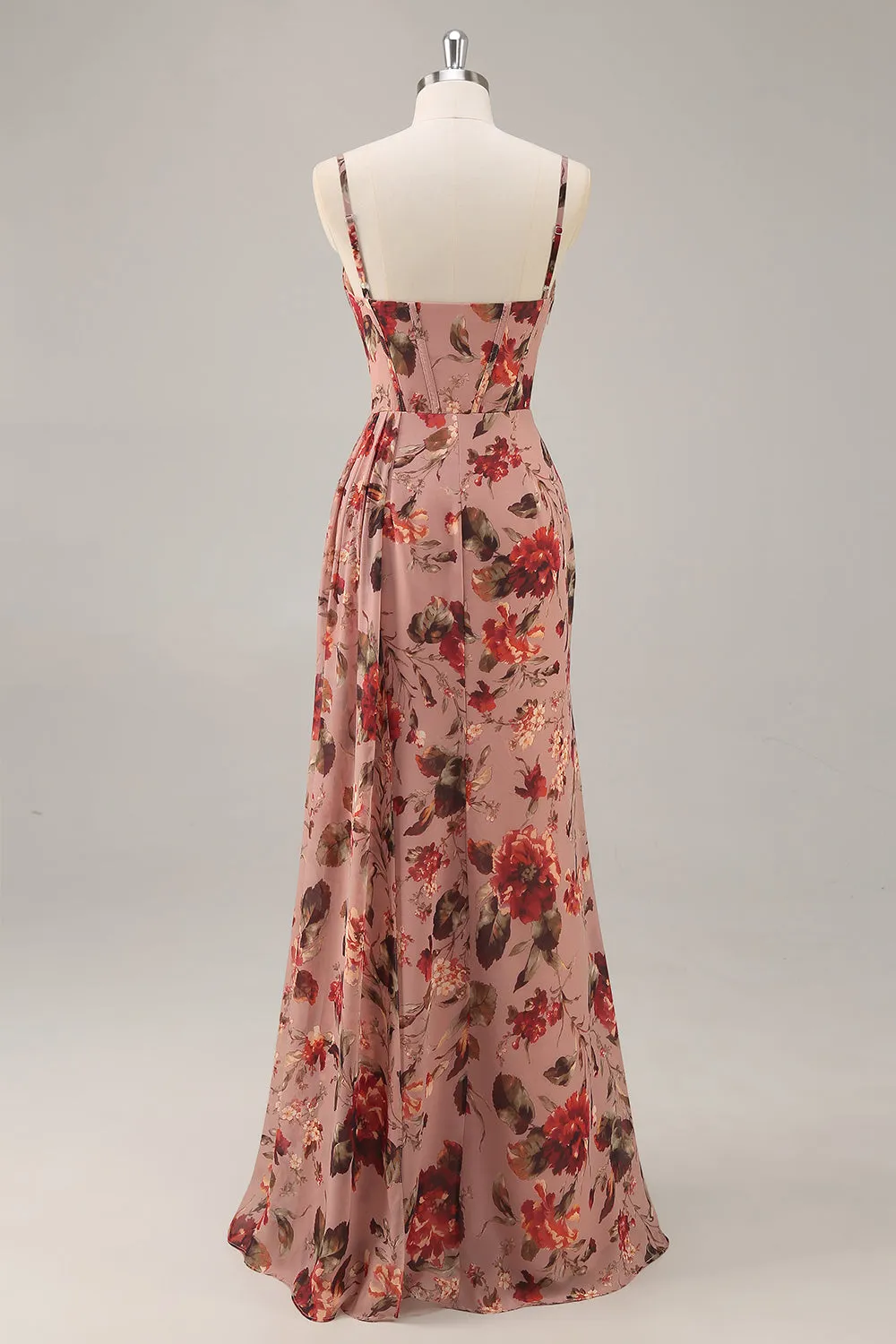 Dusty Rose Ruched Floral Corset Long Bridesmaid Dress with Slit sold by Zapaka product image thumbnail 2