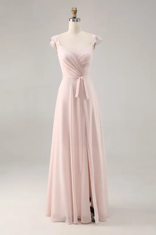 Candy Pink Cap Sleeves Ruched Long Bridesmaid Dress with Slit sold by Zapaka