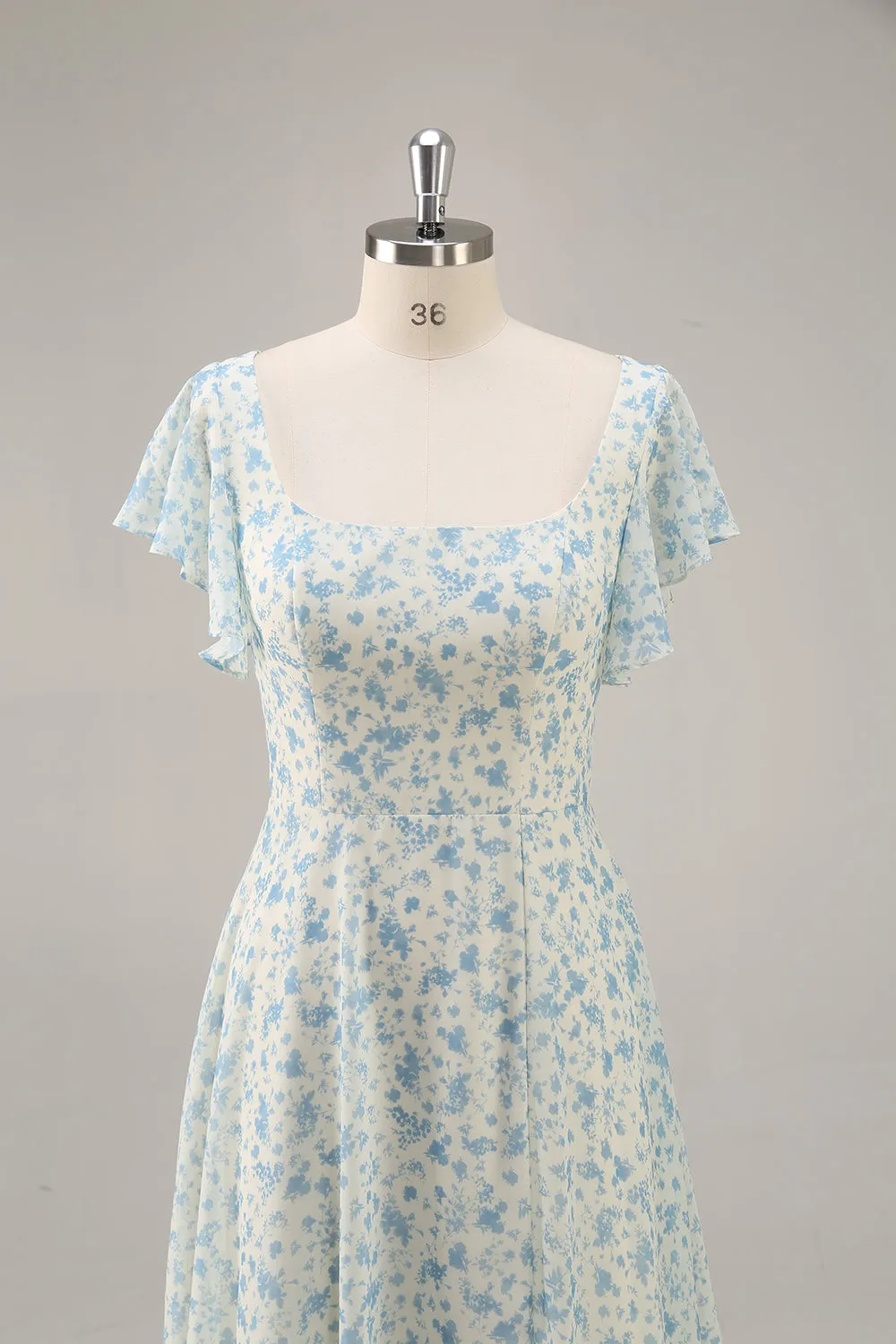 Blue Floral Chiffon Ruffled Long Bridesmaid Dress with Slit sold by Zapaka product image thumbnail 4