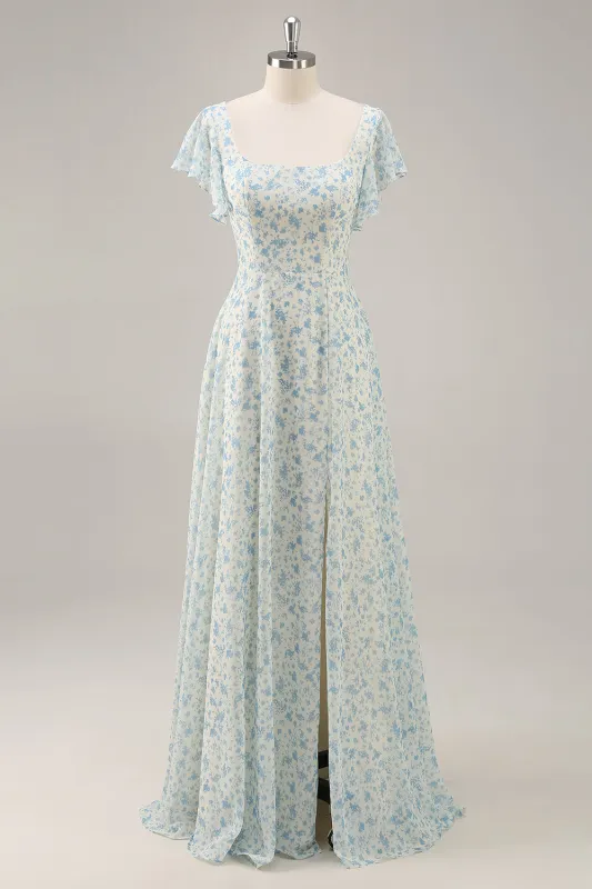 Blue Floral Chiffon Ruffled Long Bridesmaid Dress with Slit sold by Zapaka