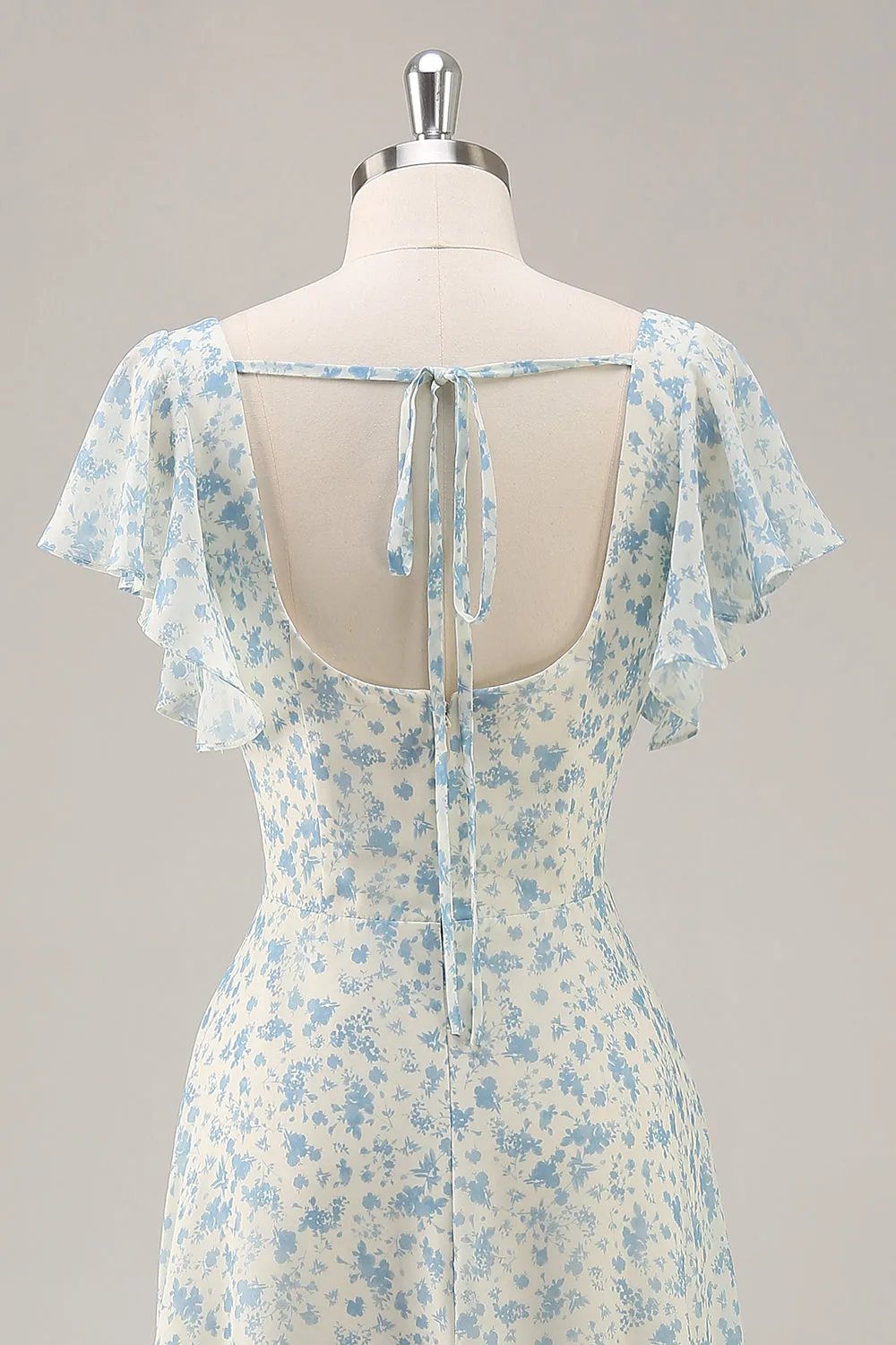 Blue Floral Chiffon Ruffled Long Bridesmaid Dress with Slit sold by Zapaka product image thumbnail 5