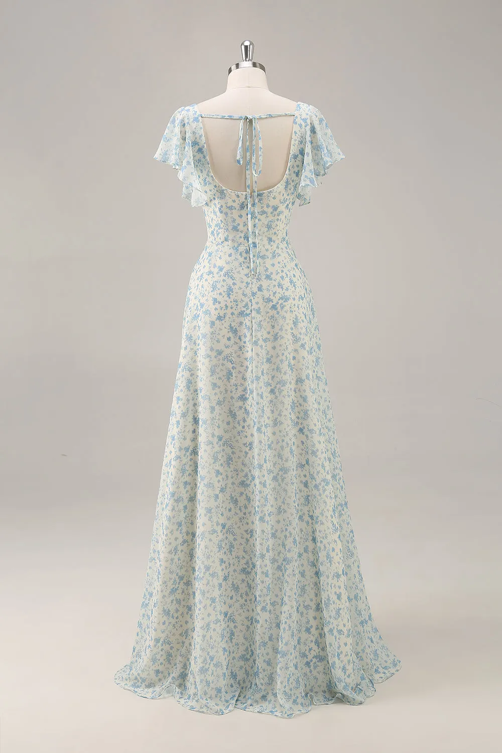 Blue Floral Chiffon Ruffled Long Bridesmaid Dress with Slit sold by Zapaka product image thumbnail 2