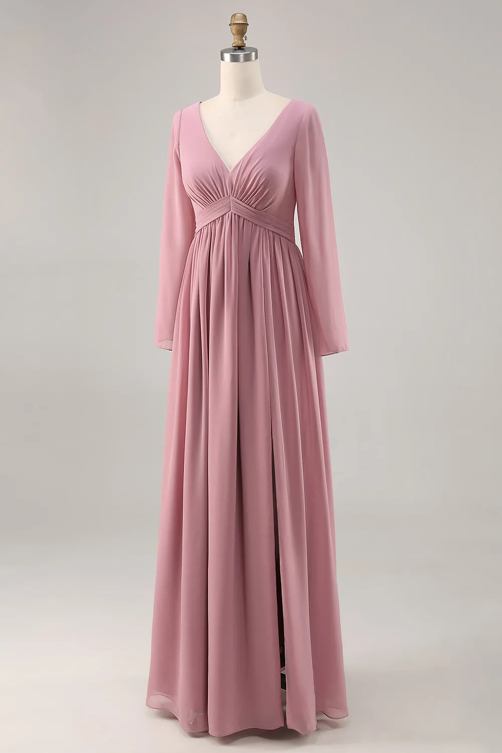 Simple Dusty Rose Long Sleeves V-Neck Bridesmaid Dress with Slit sold by Zapaka product image thumbnail 3