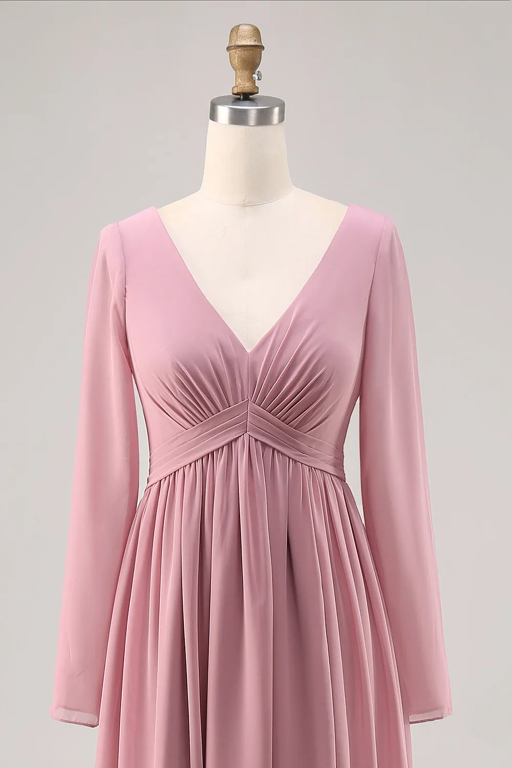 Simple Dusty Rose Long Sleeves V-Neck Bridesmaid Dress with Slit sold by Zapaka product image thumbnail 4