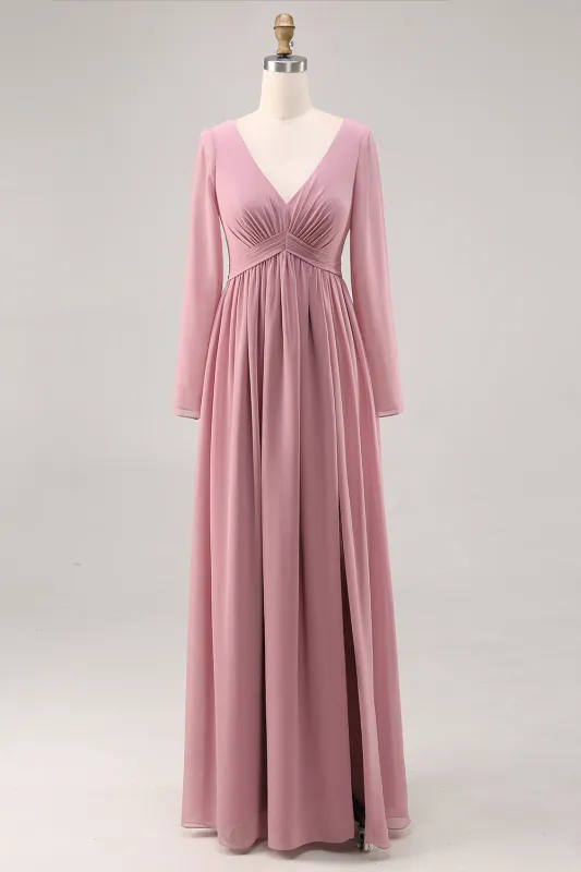 Simple Dusty Rose Long Sleeves V-Neck Bridesmaid Dress with Slit sold by Zapaka
