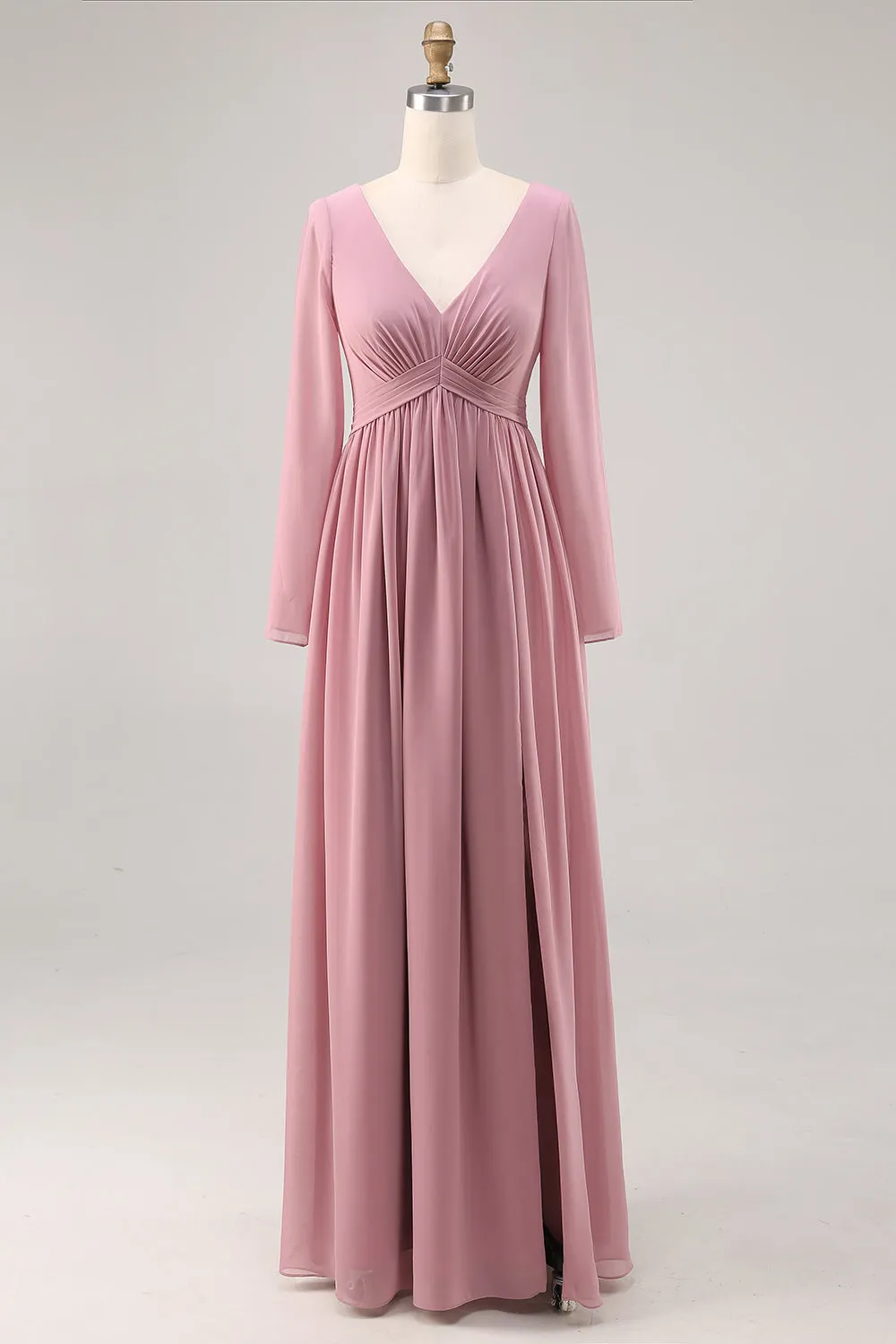 Simple Dusty Rose Long Sleeves V-Neck Bridesmaid Dress with Slit sold by Zapaka