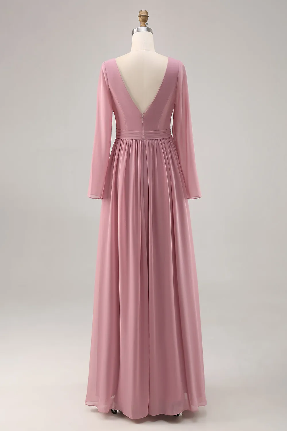 Simple Dusty Rose Long Sleeves V-Neck Bridesmaid Dress with Slit sold by Zapaka product image thumbnail 2