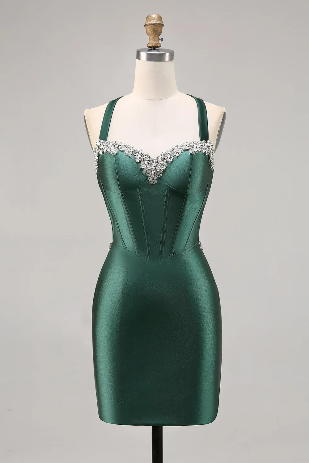 Dark Green Corset Backless Satin Bodycon Homecoming Dress sold by Zapaka
