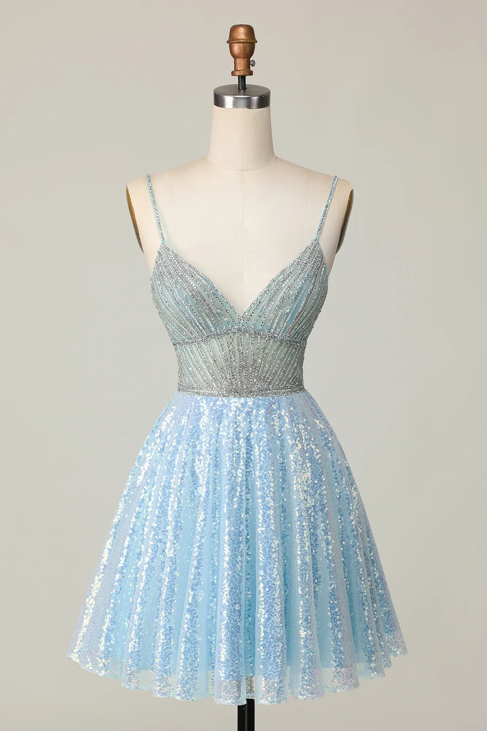 Sparkly Light Blue V Neck Sequins A Line Homecoming Dress sold by Zapaka