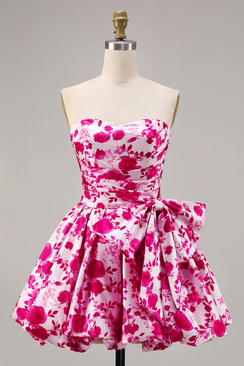 Fuchsia Strapless A Line Short Floral Homecoming Dress with Bow sold by Zapaka