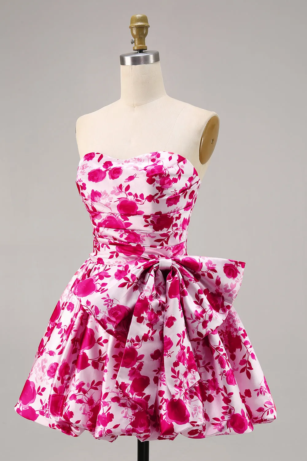 Fuchsia Strapless A Line Short Floral Homecoming Dress with Bow sold by Zapaka product image thumbnail 3