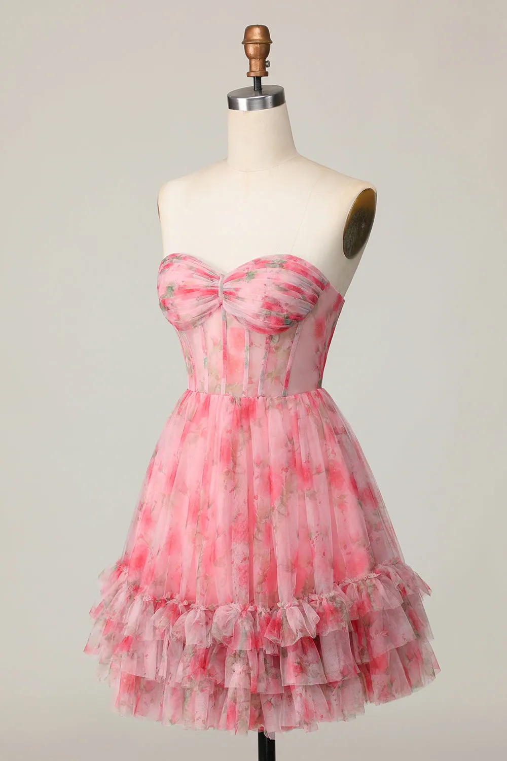 Floral Red A Line Strapless Printed Ruffled Homecoming Dress sold by Zapaka product image thumbnail 3