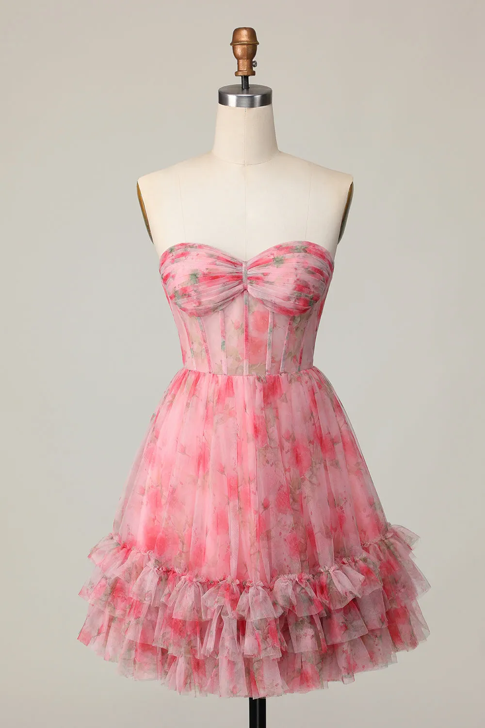 Floral Red A Line Strapless Printed Ruffled Homecoming Dress sold by Zapaka