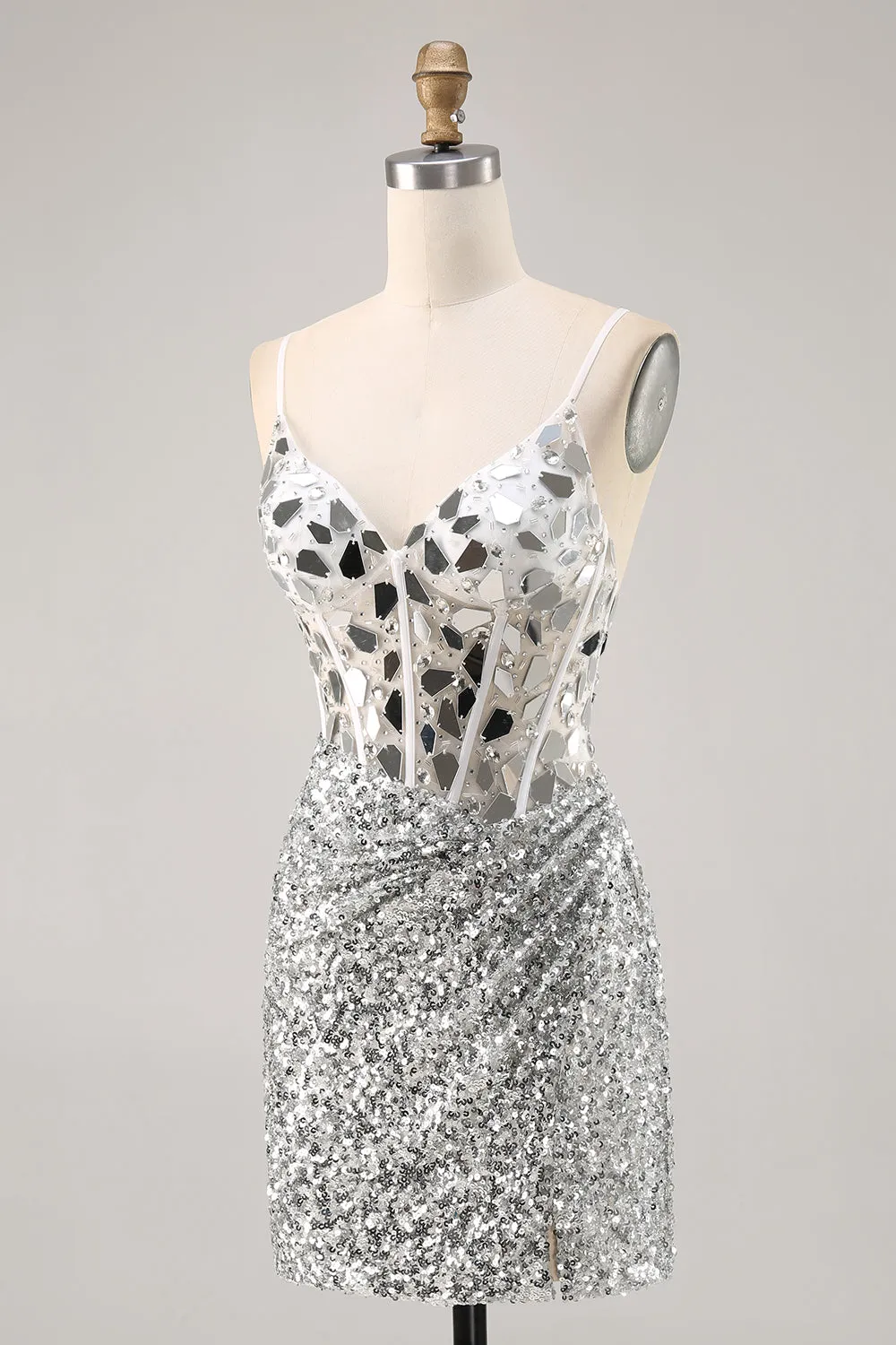 Silver V Neck Bodycon Corset Mirror Homecoming Dress sold by Zapaka product image thumbnail 3