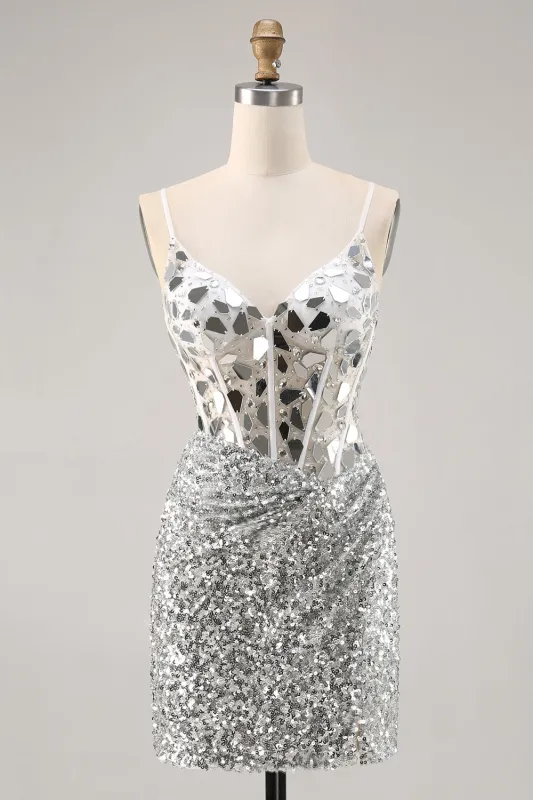 Silver V Neck Bodycon Corset Mirror Homecoming Dress sold by Zapaka