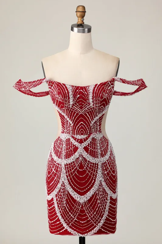 Off the Shoulder Bodycon Red Homecoming Dress with Sequins sold by Zapaka