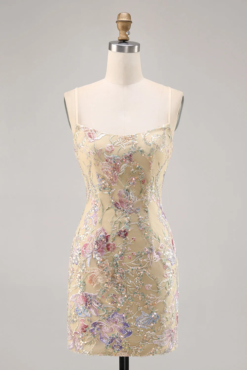 Sparkly Apricot Floral Embroidered Bodycon Homecoming Dress sold by Zapaka