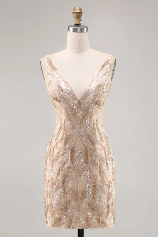 Sparkly Champagne Bodycon Beaded Homecoming Dress with Sequins sold by Zapaka