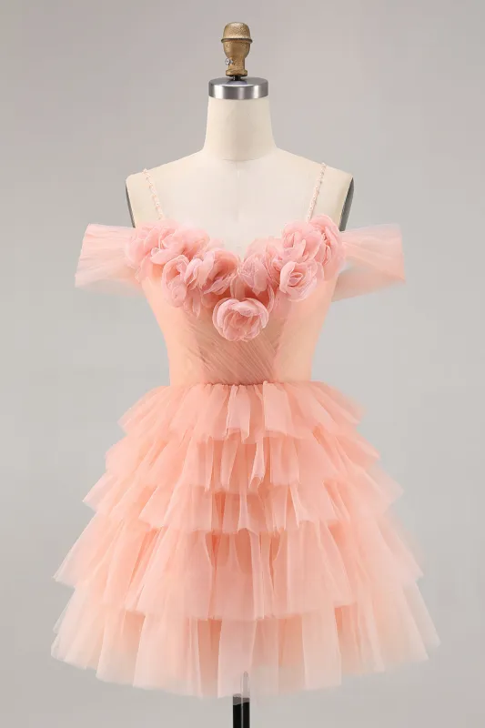 Cute Blush A-Line Tiered Short Homecoming Dress with 3D Flowers sold by Zapaka