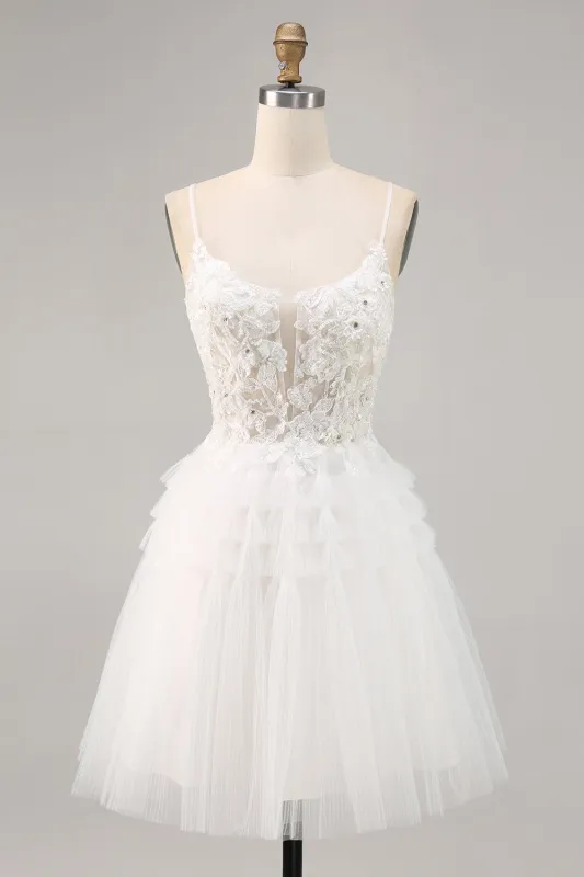 White Tulle A-Line Short Homecoming Dress with Appliques sold by Zapaka