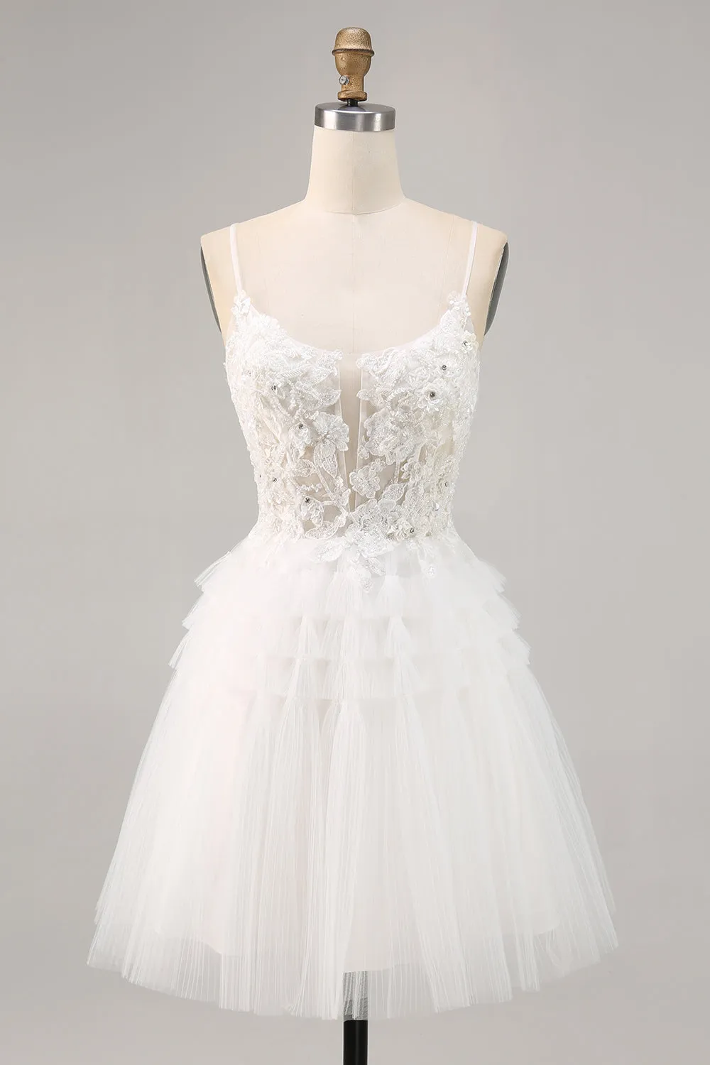 White Tulle A-Line Short Homecoming Dress with Appliques sold by Zapaka