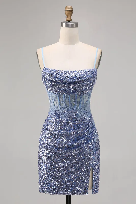 Corset Grey Blue Bodycon Sequins Homecoming Dress with Slit sold by Zapaka