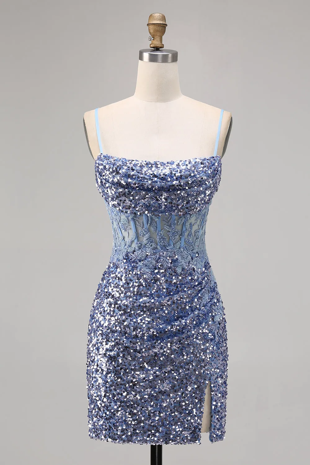 Corset Grey Blue Bodycon Sequins Homecoming Dress with Slit sold by Zapaka