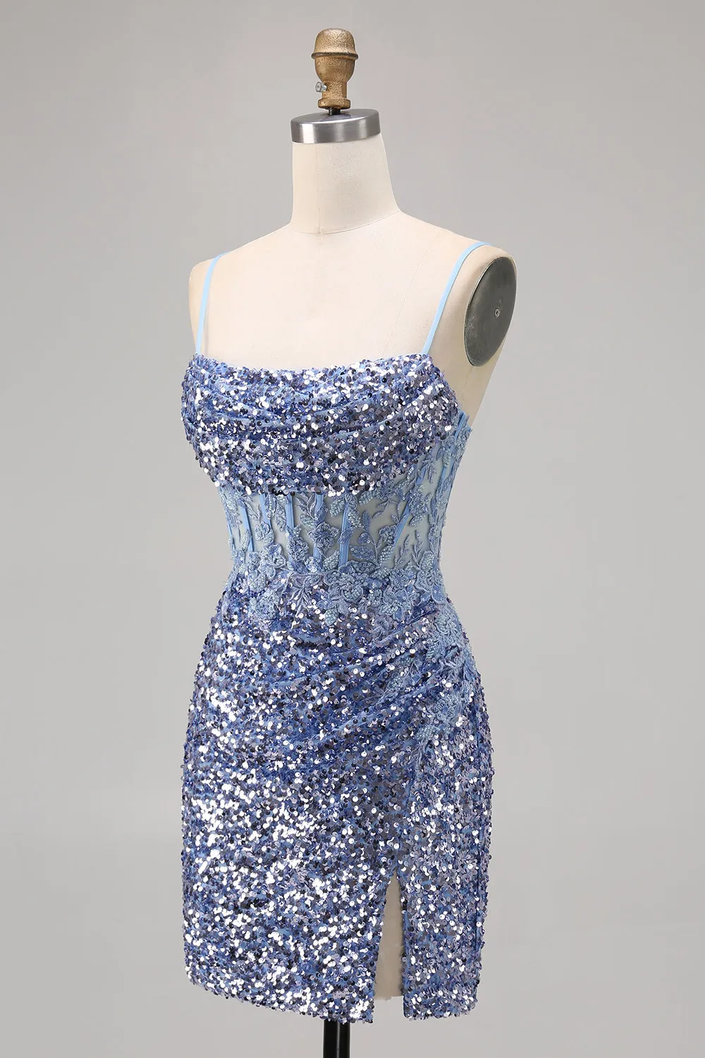 Corset Grey Blue Bodycon Sequins Homecoming Dress with Slit sold by Zapaka product image thumbnail 3