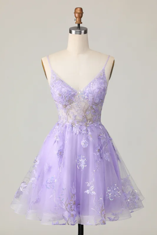 Sparkly Purple A Line Tulle Homecoming Dress with Appliques sold by Zapaka