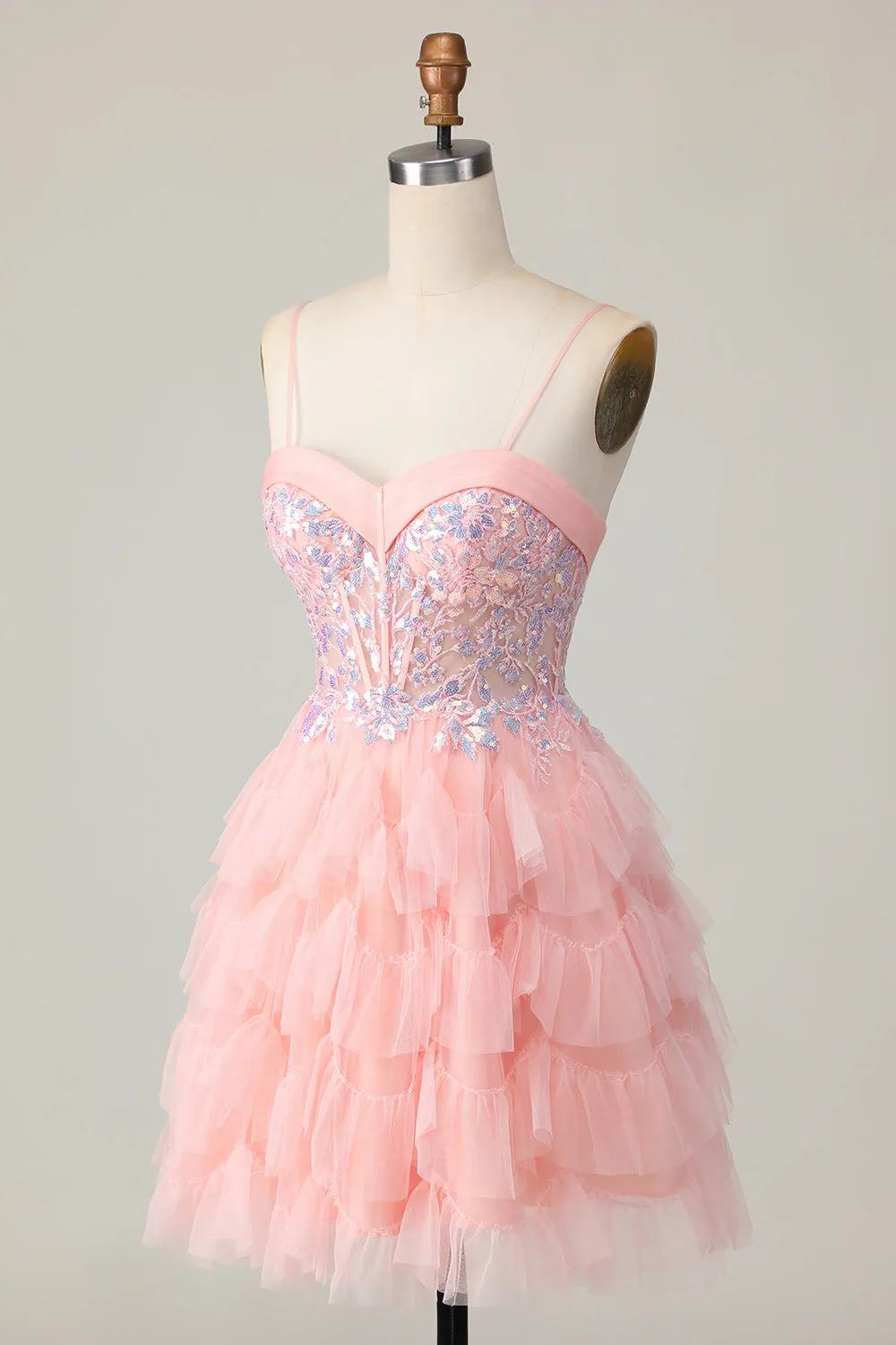 Pink A Line Corset Sequins Short Homecoming Dress with Ruffles sold by Zapaka product image thumbnail 3