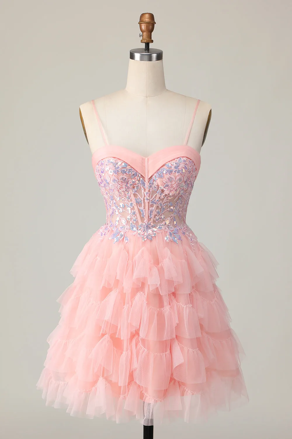 Pink A Line Corset Sequins Short Homecoming Dress with Ruffles sold by Zapaka