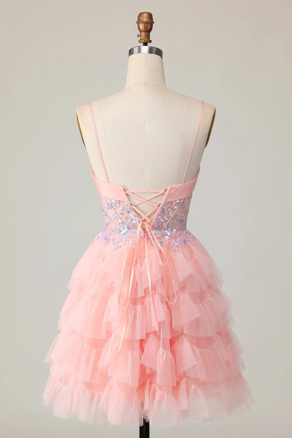 Pink A Line Corset Sequins Short Homecoming Dress with Ruffles sold by Zapaka product image thumbnail 2
