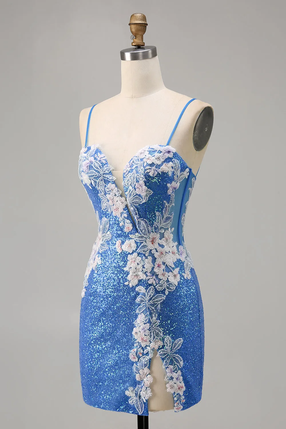 Sparkly Floral Blue Beaded Bodycon Sequins Homecoming Dress with Slit sold by Zapaka product image thumbnail 3