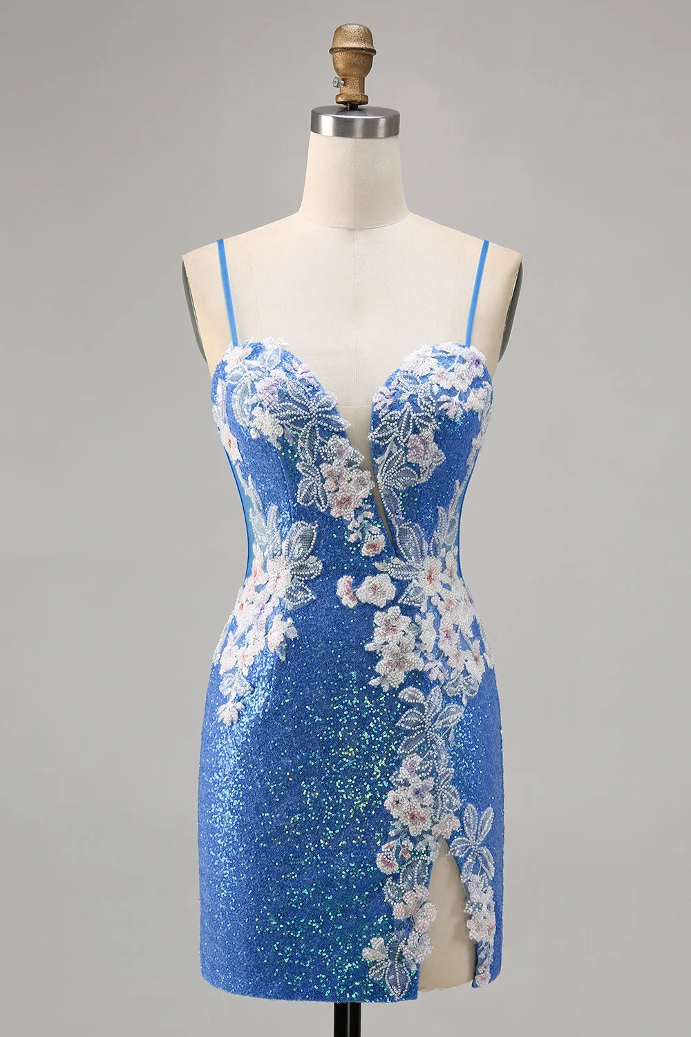 Sparkly Floral Blue Beaded Bodycon Sequins Homecoming Dress with Slit sold by Zapaka