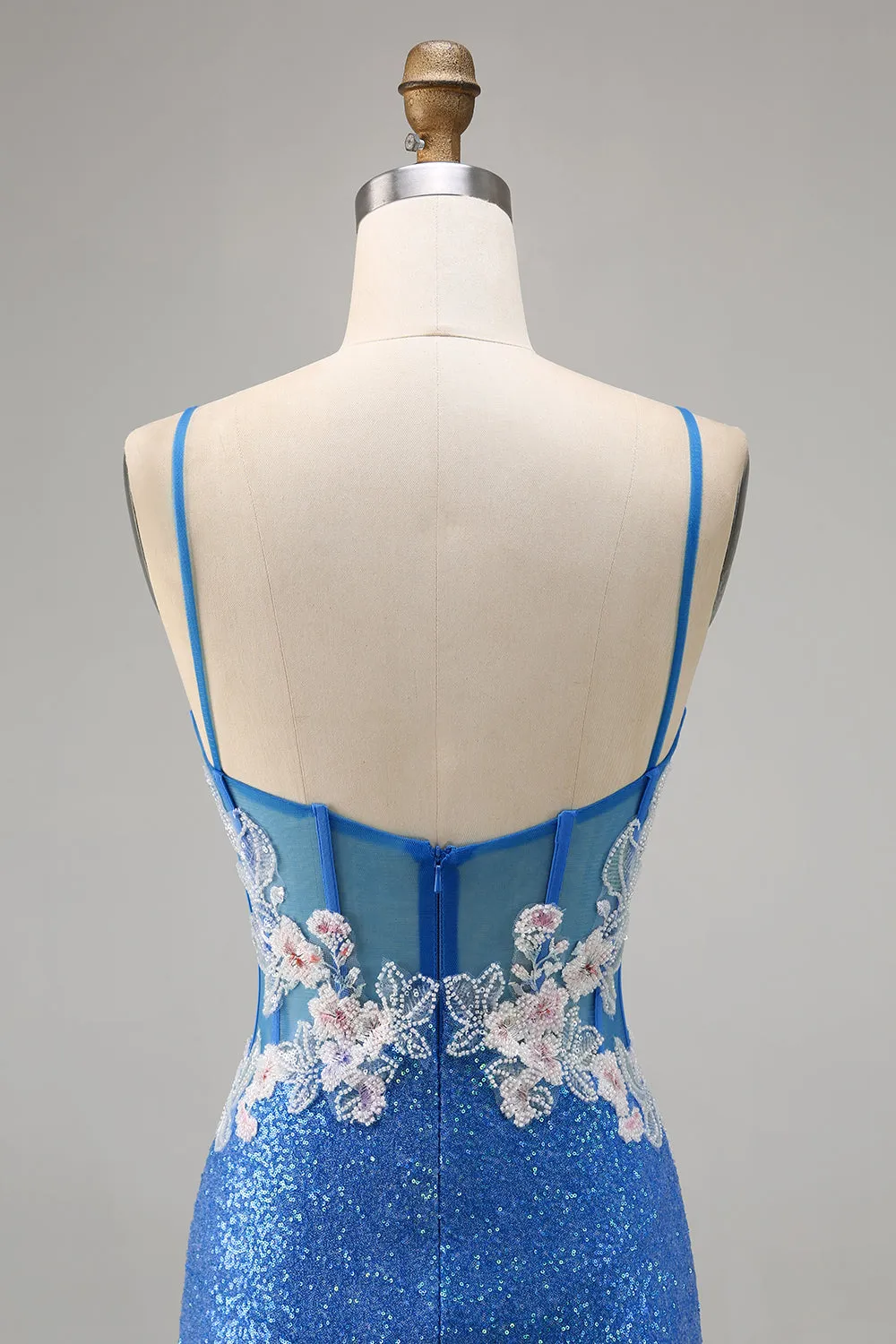 Sparkly Floral Blue Beaded Bodycon Sequins Homecoming Dress with Slit sold by Zapaka product image thumbnail 5