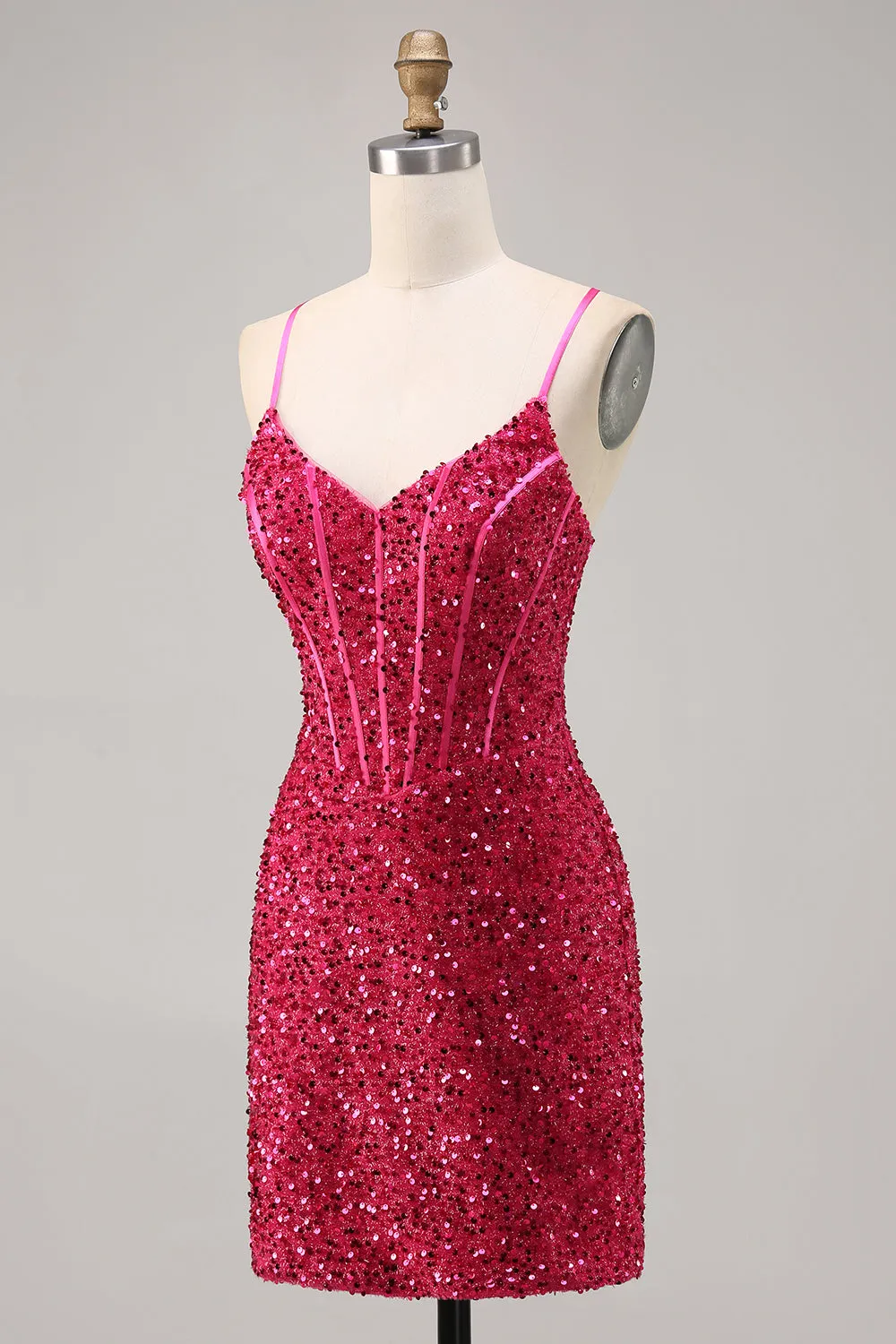 Sparkly Fuchsia Corset Short Tight Homecoming Dress with Sequins sold by Zapaka product image thumbnail 3
