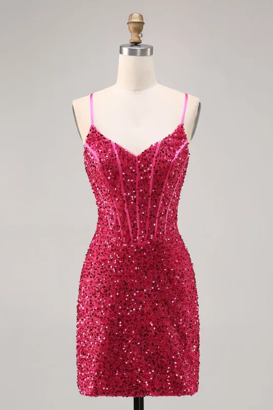 Sparkly Fuchsia Corset Short Tight Homecoming Dress with Sequins sold by Zapaka