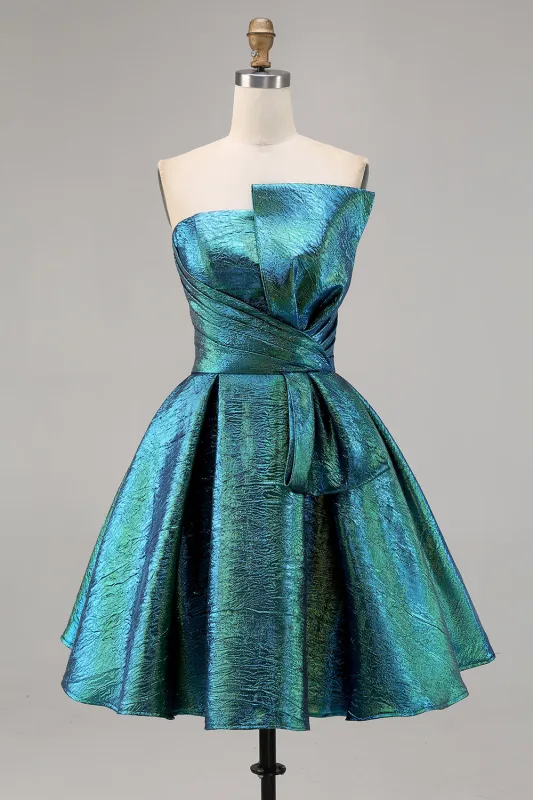 Metallic Peacock Green Ruched Strapless A Line Homecoming Dress sold by Zapaka