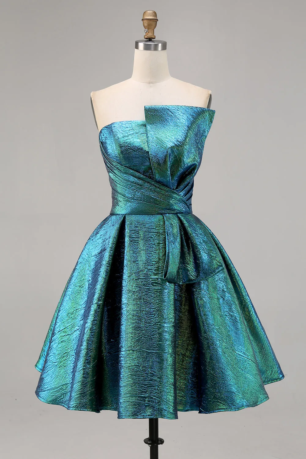 Metallic Peacock Green Ruched Strapless A Line Homecoming Dress sold by Zapaka