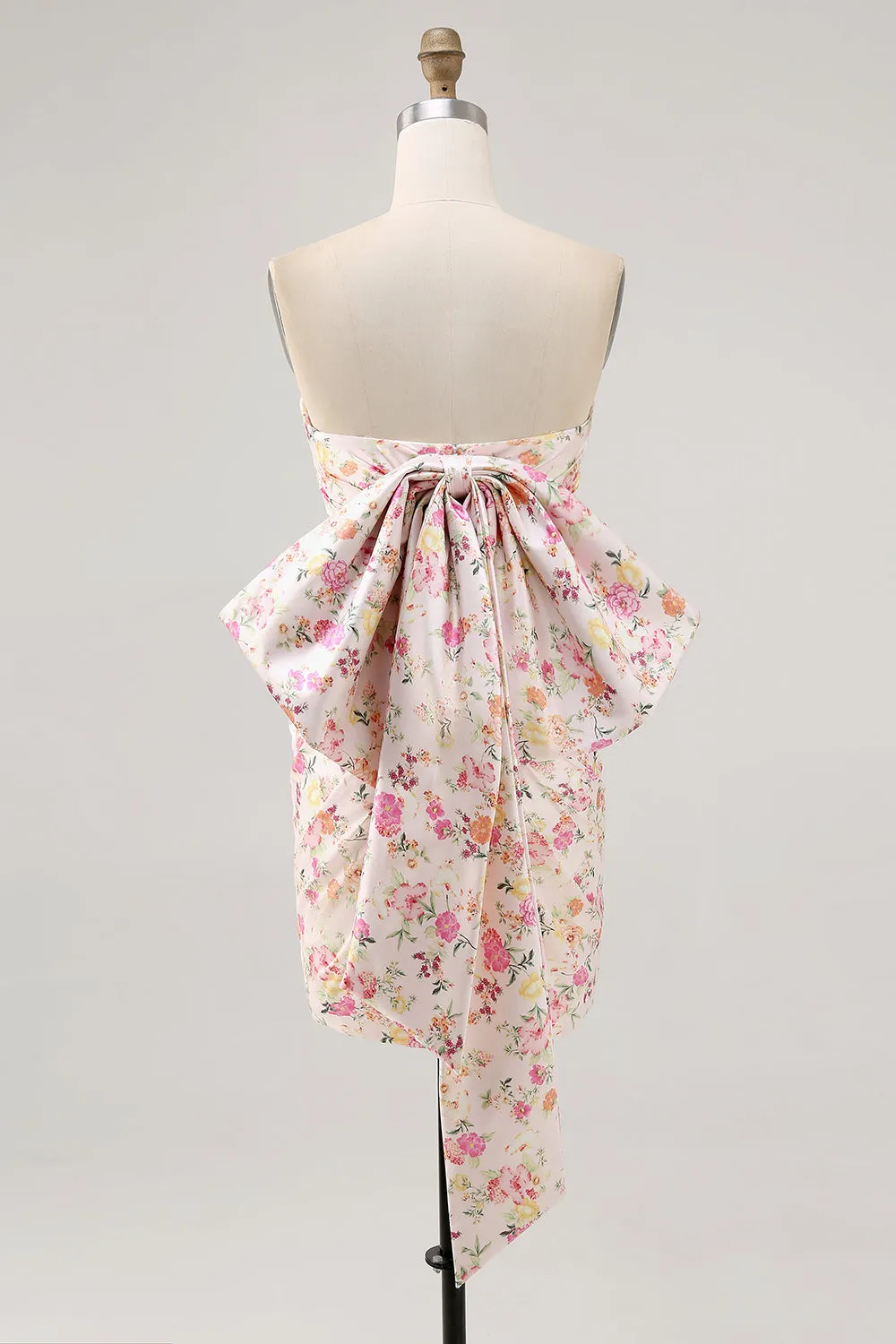 Pink Flower Strapless Bodycon Ruched Homecoming Dress with Bow sold by Zapaka product image thumbnail 2