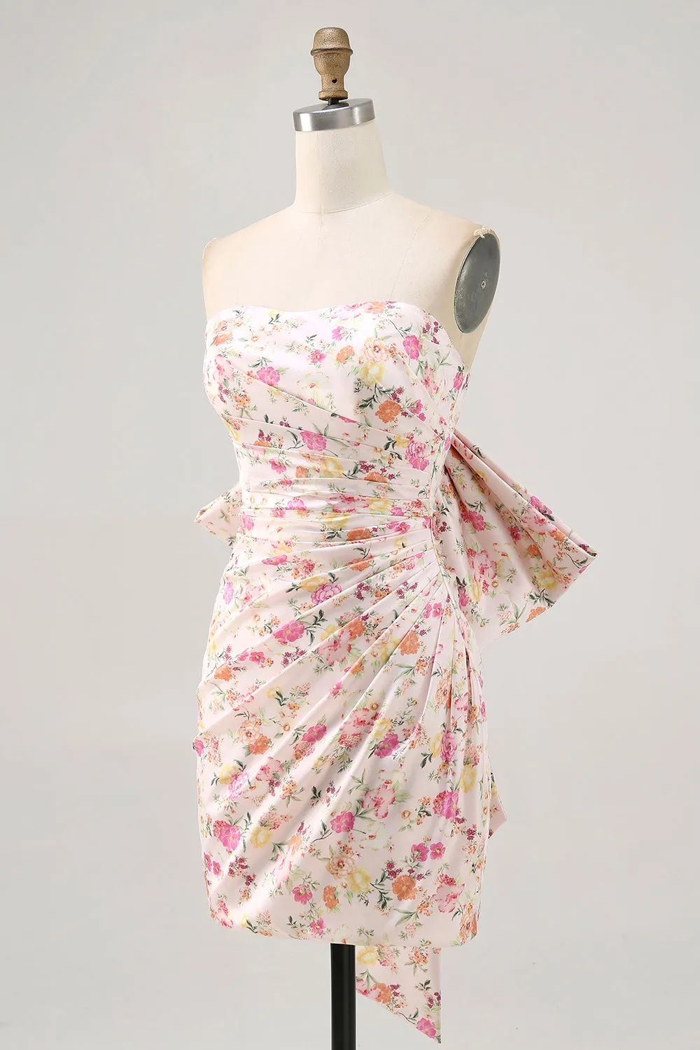 Pink Flower Strapless Bodycon Ruched Homecoming Dress with Bow sold by Zapaka product image thumbnail 3