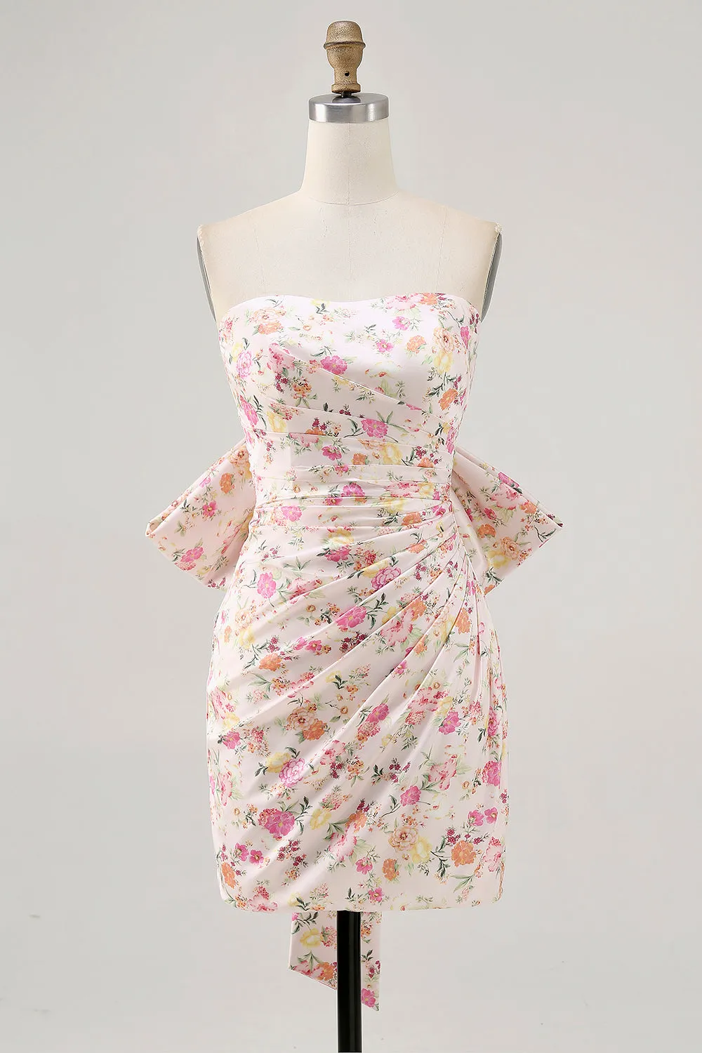 Pink Flower Strapless Bodycon Ruched Homecoming Dress with Bow sold by Zapaka