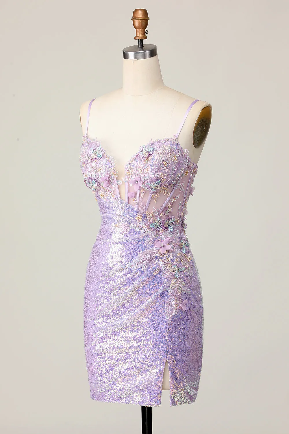 Sparkly Lilac Bodycon Corset Sequins Homecoming Dress with 3D Flowers sold by Zapaka product image thumbnail 3