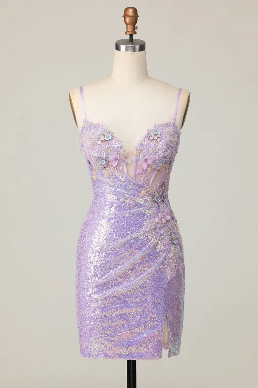 Sparkly Lilac Bodycon Corset Sequins Homecoming Dress with 3D Flowers sold by Zapaka