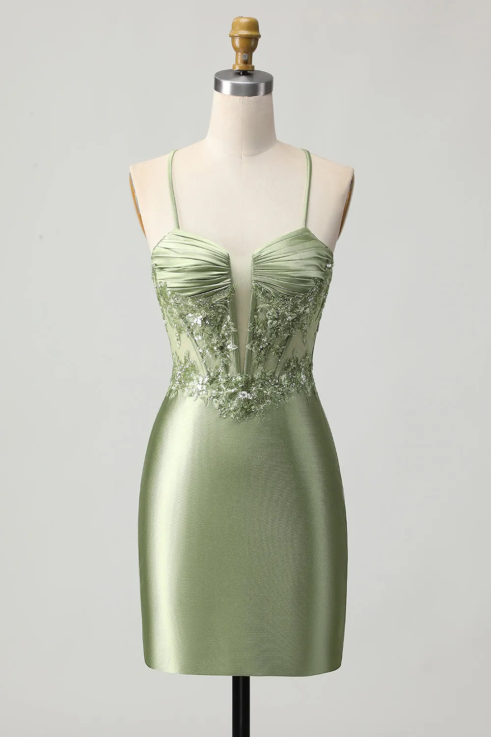 Sage Green Bodycon Corset Sequins Homecoming Dress with Lace Up Back sold by Zapaka