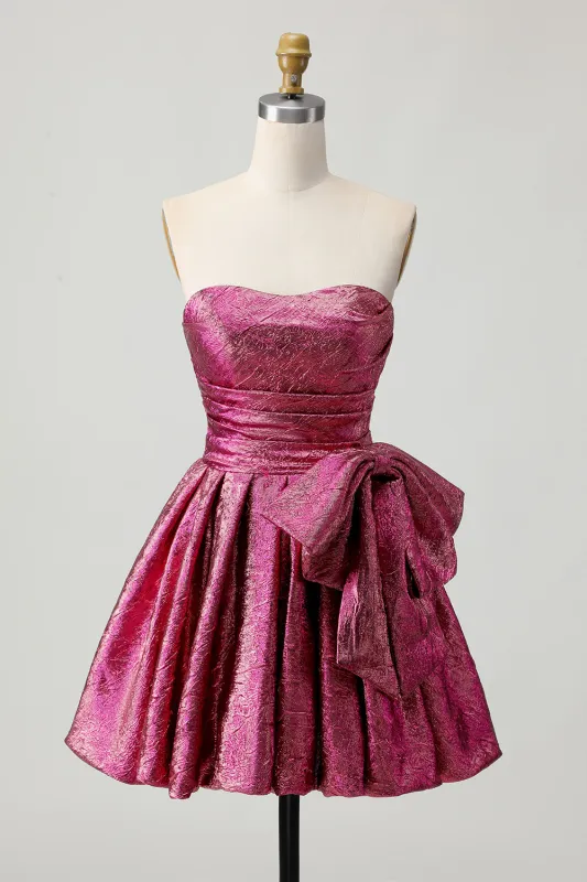 A-Line Strapless Ruched Dark Purple Short Homecoming Dress with Bow sold by Zapaka