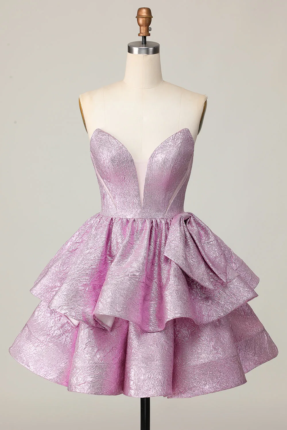 Light Purple A Line Strapless Lace Up Back Tiered Homecoming Dress with Bow sold by Zapaka