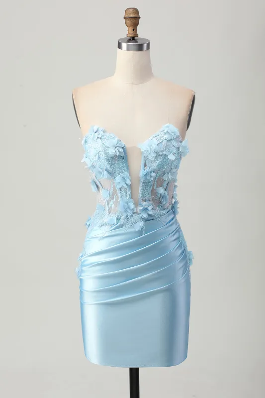 Sky Blue Satin Bodycon Strapless Sequins Short Homecoming Dress with Appliques sold by Zapaka