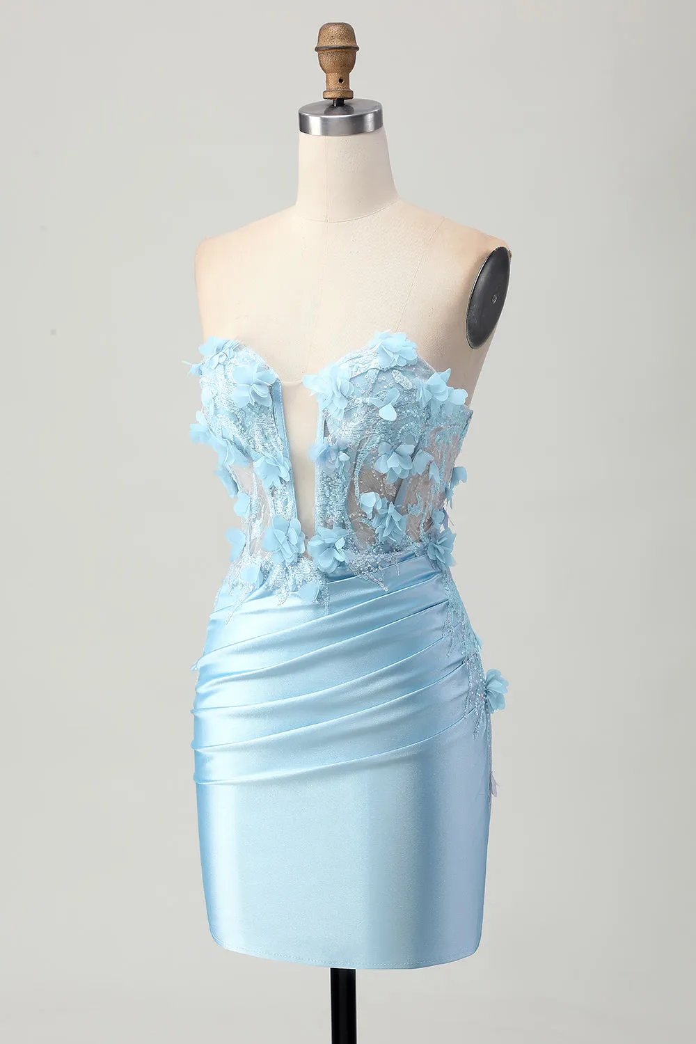 Sky Blue Satin Bodycon Strapless Sequins Short Homecoming Dress with Appliques sold by Zapaka product image thumbnail 3
