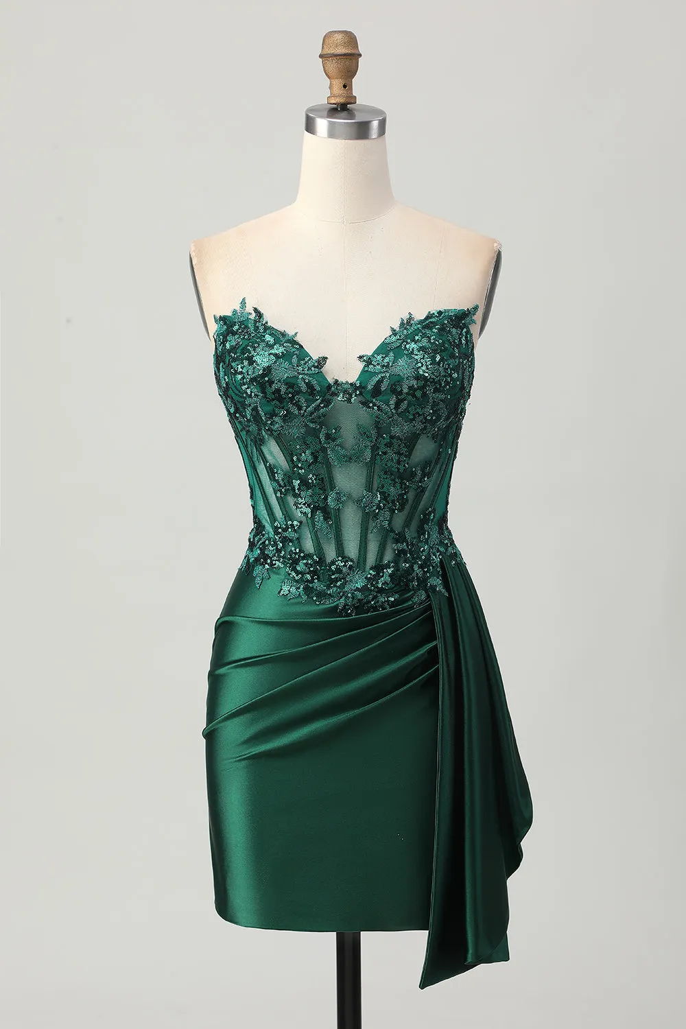 Sparkly Dark Green Strapless Corset Sequins Bodycon Homecoming Dress with Streamer sold by Zapaka